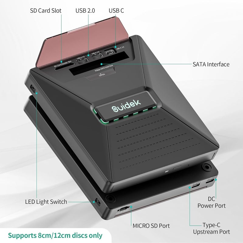 SUIDEK CD DVD Drive External, Portable CD DVD Driver +/-RW Burner with 2.5" SATA,SD Card Reader and USB A Type C 2.0 Hub Compatible with Laptop PC - Image 2